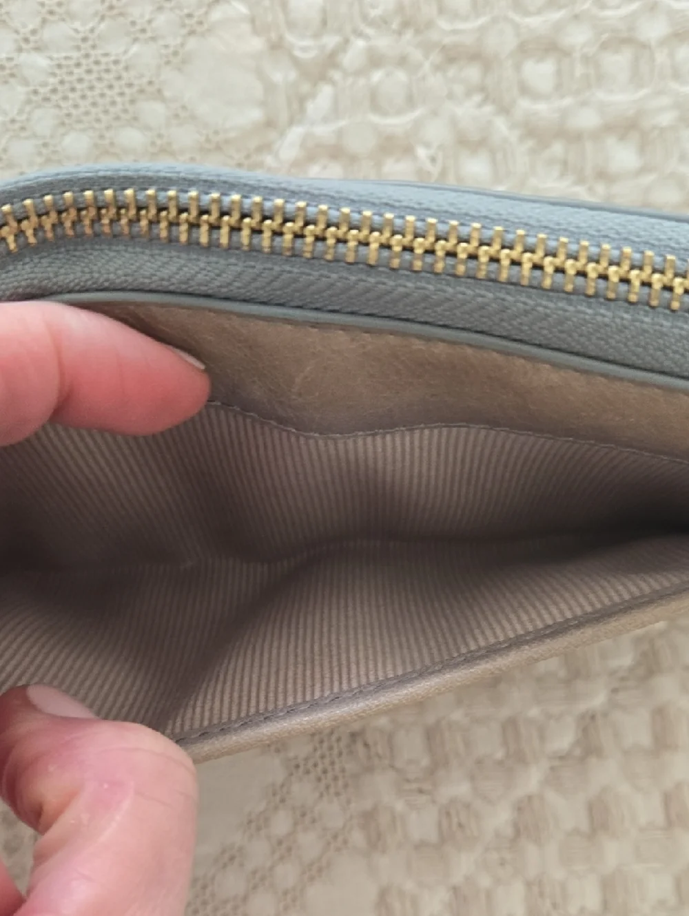 margot Taupe Leather Zip Wristlet Wallet with Blue Trim Normcore Anthropologie